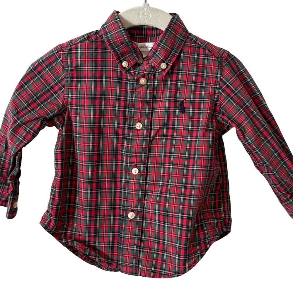 Ralph Lauren Kid's Red Plaid Holiday Button Down Shirt in Size 12 Months